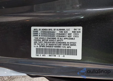 2014 Honda Odyssey Ex-L z USA, uszkodzony, nr VIN 5FNRL5H60EB104999